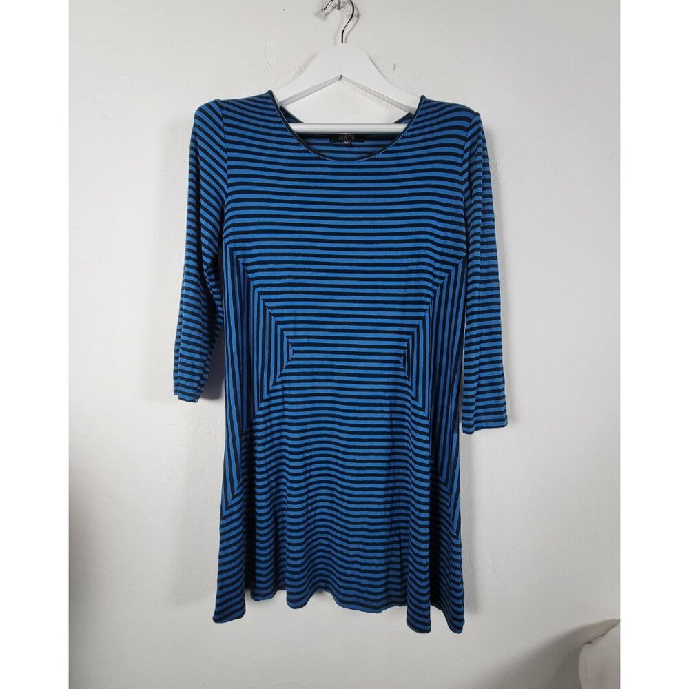 Comfy USA Womens Blue Black Striped Tunic Top Medium 3/4 Sleeve Lightweight USA